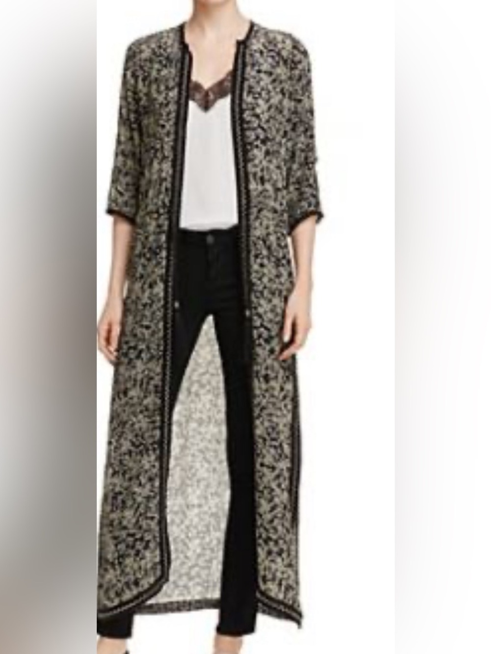 The Kooples Black and White Sheer Floral Longline Kimono Robe